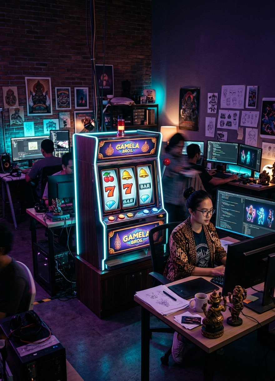 Sampul majalah industri game Indonesia: kabinet mesin slot menyala neon dengan gulungan simbol ceri, tujuh, bel dan BAR di ruang studio ungu malam